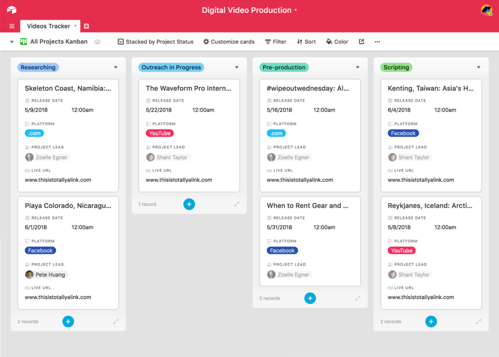 Video Production Kanban Board | Airtable Video Production Pipeline on a Kanban Board