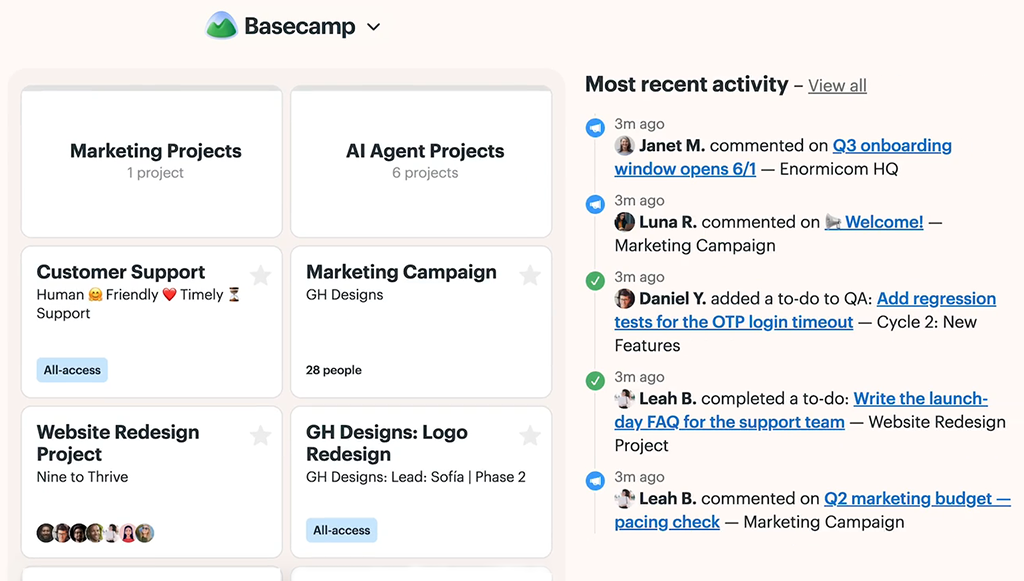 Projects and Activity Feed | Basecamp Project Cards and Recent Team Activity