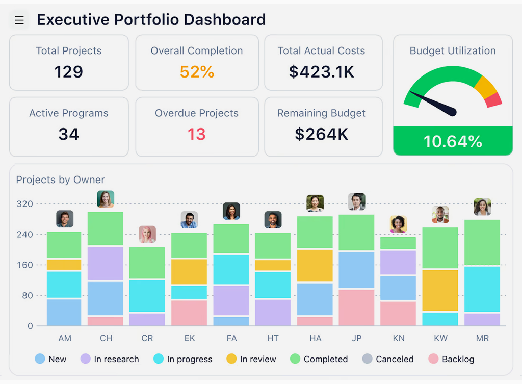 Executive Portfolio Dashboard | Wrike Executive Portfolio Dashboard with Budget and Project Statuses