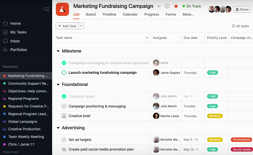 Marketing Campaign Plan | Asana Marketing Campaign Tasks in a List View