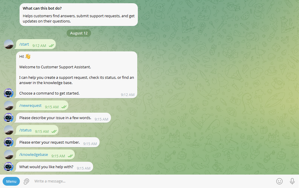 Telegram Chat Showing a Working Automated Bot Response