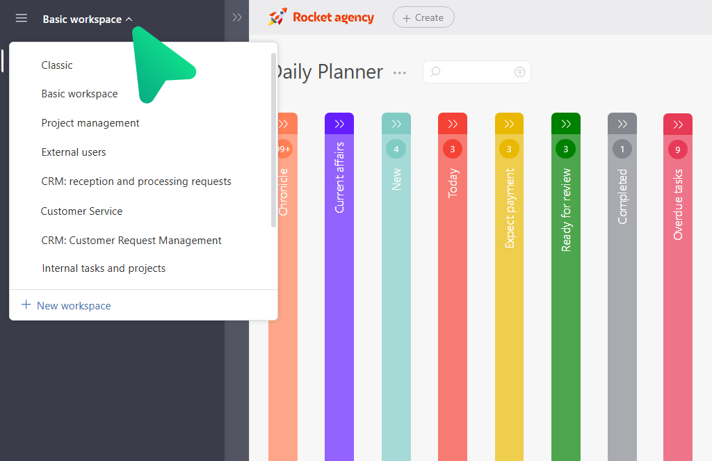 Workspace switching from the vertical menu | Planfix Workspace switching from the vertical menu in Planfix