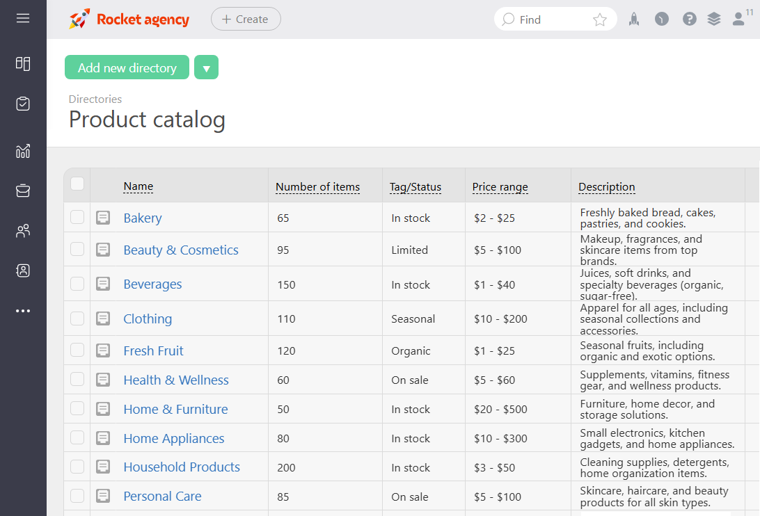Product catalog in Planfix