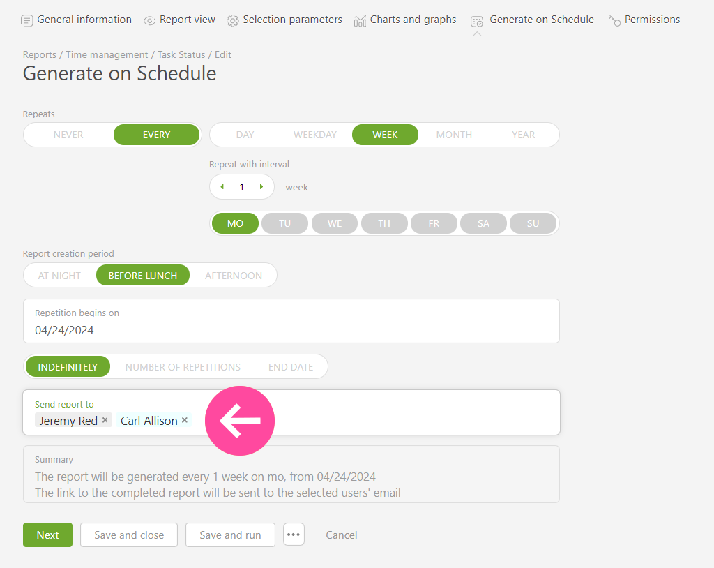 Sending the Report by Mail | Planfix Sending the Report by Mail