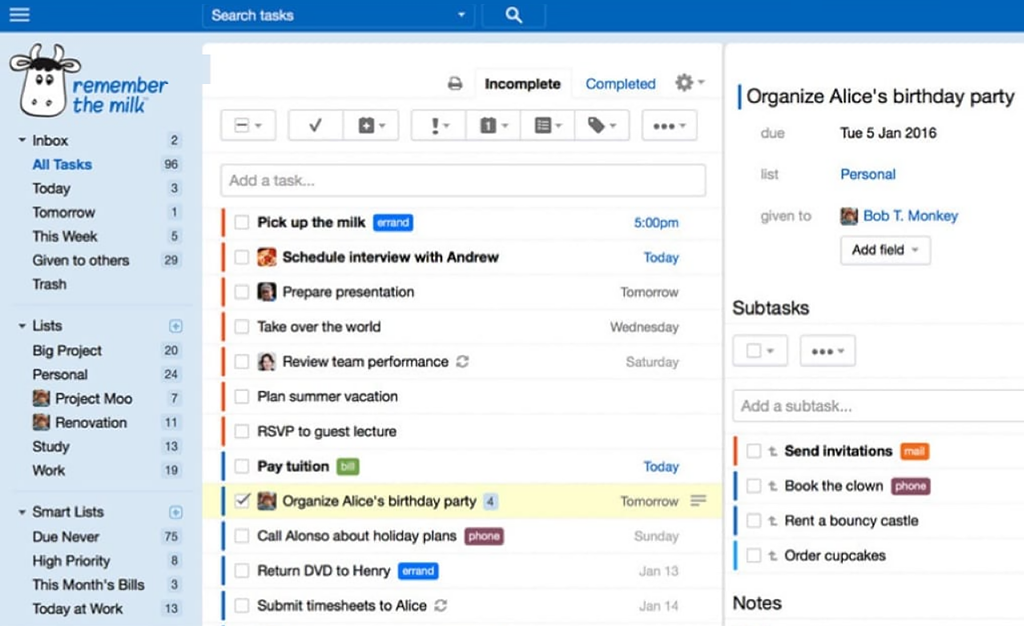 Task Reminders and Due Date Management | Remember The Milk Task Reminders and Due Date Management in Remember The Milk