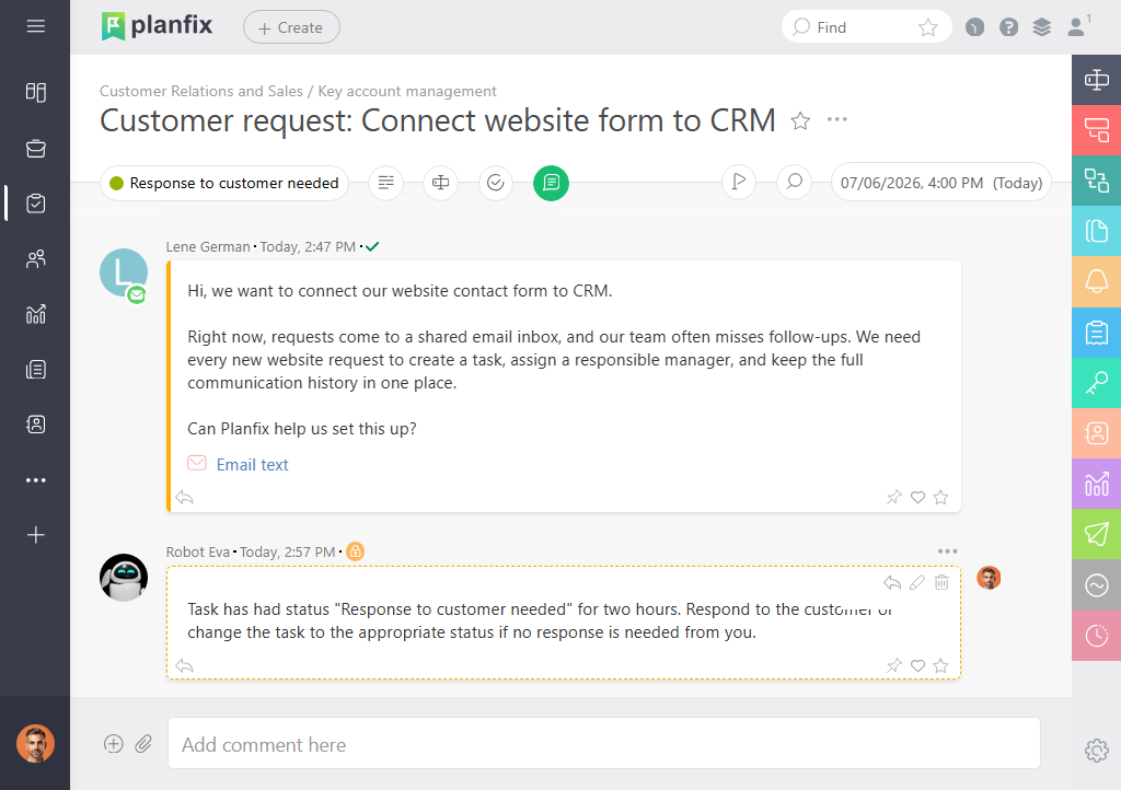 Customer Actions Into Tasks in Planfix