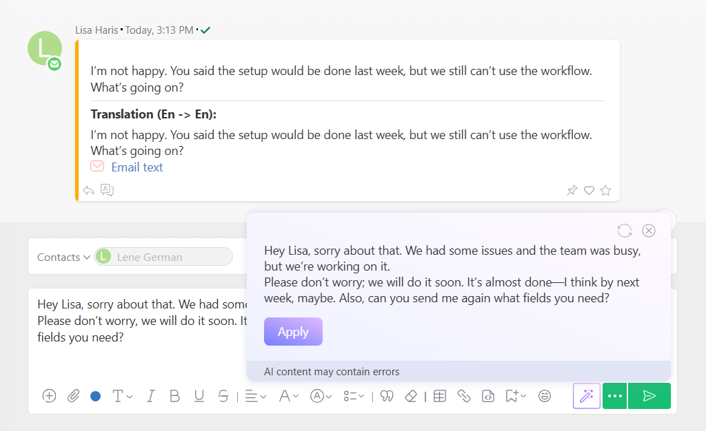 How AI Editor fixes errors in a comment in Planfix