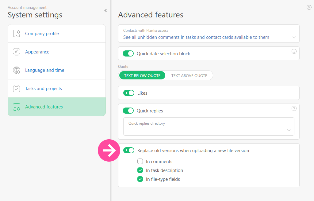 Flexible File Version Management in Planfix