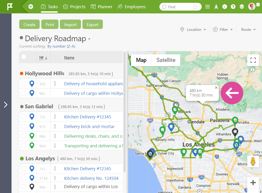 Clicking on the Route Shows its Length and Time | Planfix Clicking on the Route Shows its Length and Time