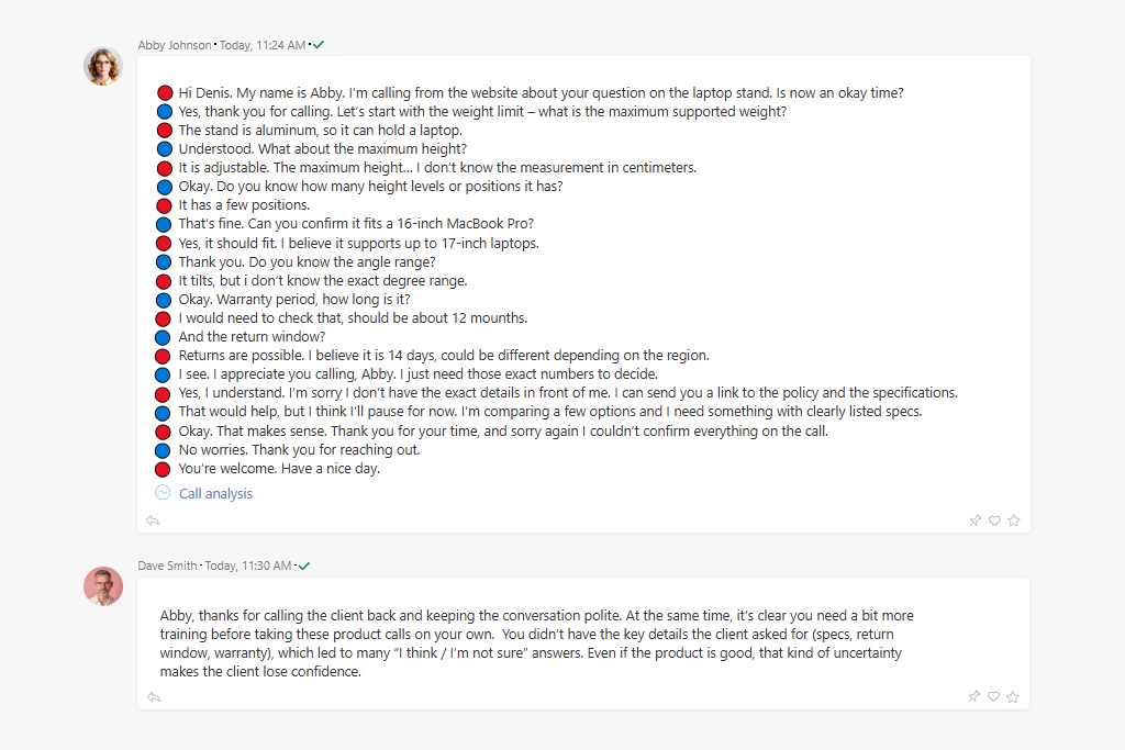 Manager's Comment on the Call Task
