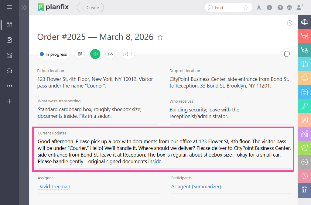 AI Agent Summarizer creates a concise summary of the discussion in Planfix