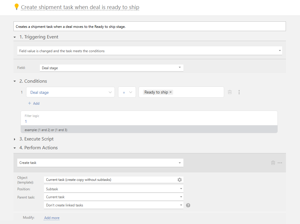 Automation trigger for Ready to ship stage | Planfix Automation trigger for Ready to ship stage in Planfix