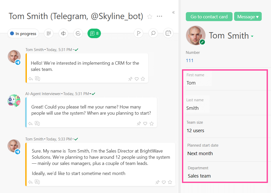 AI Agent Interviewer fills in task fields or contact card in Planfix