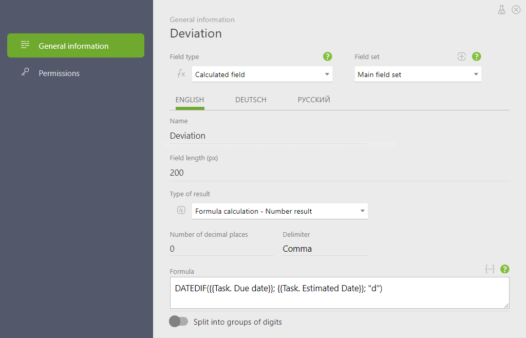 Customizing the “Deviation” Field | Planfix Customizing the “Deviation” Field