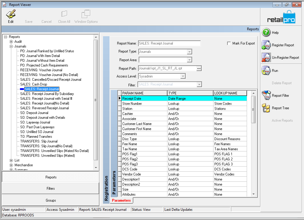 Sales receipt journals in Retail Pro