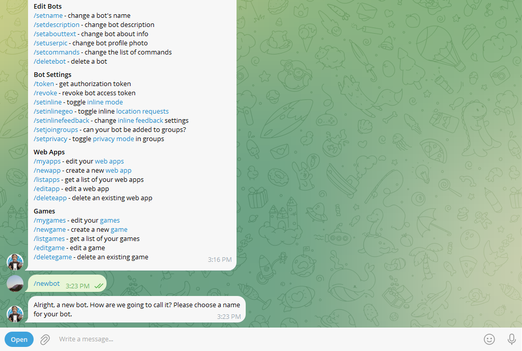 Telegram BotFather /newbot Command for Creating a New Bot