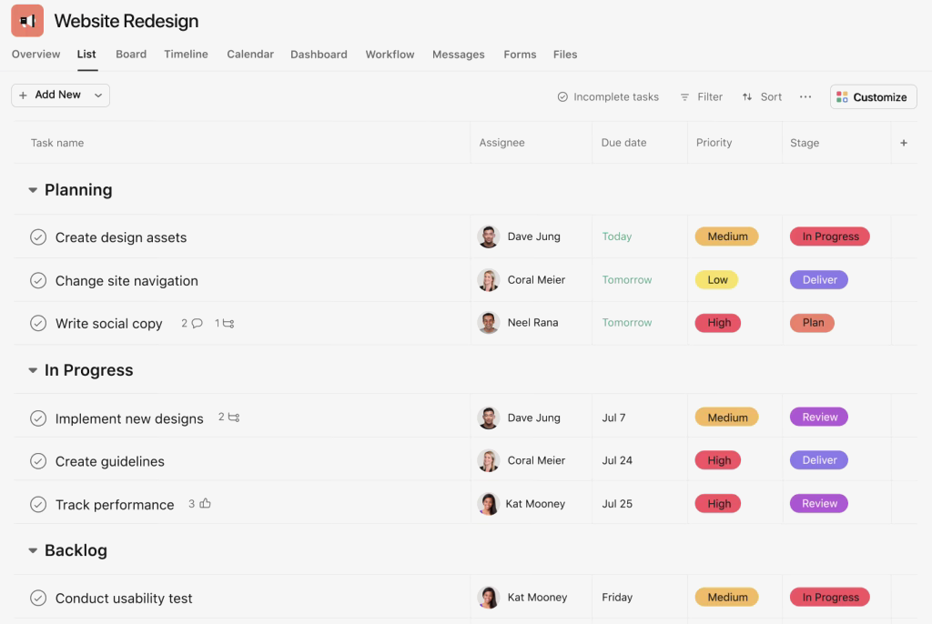 Task list website redesign in Asana 
