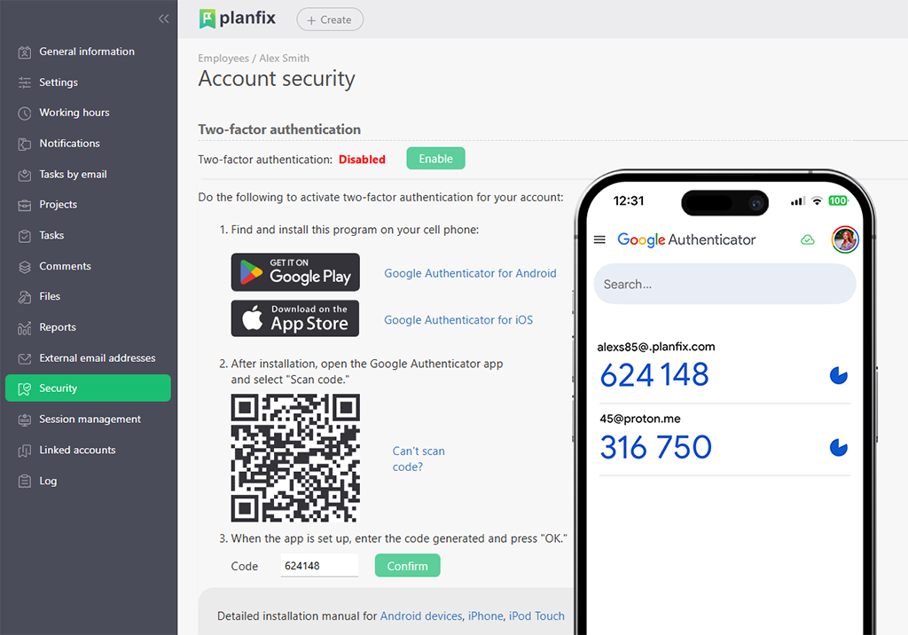Setting Up Two-Factor Authentication | Planfix Setting Up Two-Factor Authentication in Planfix
