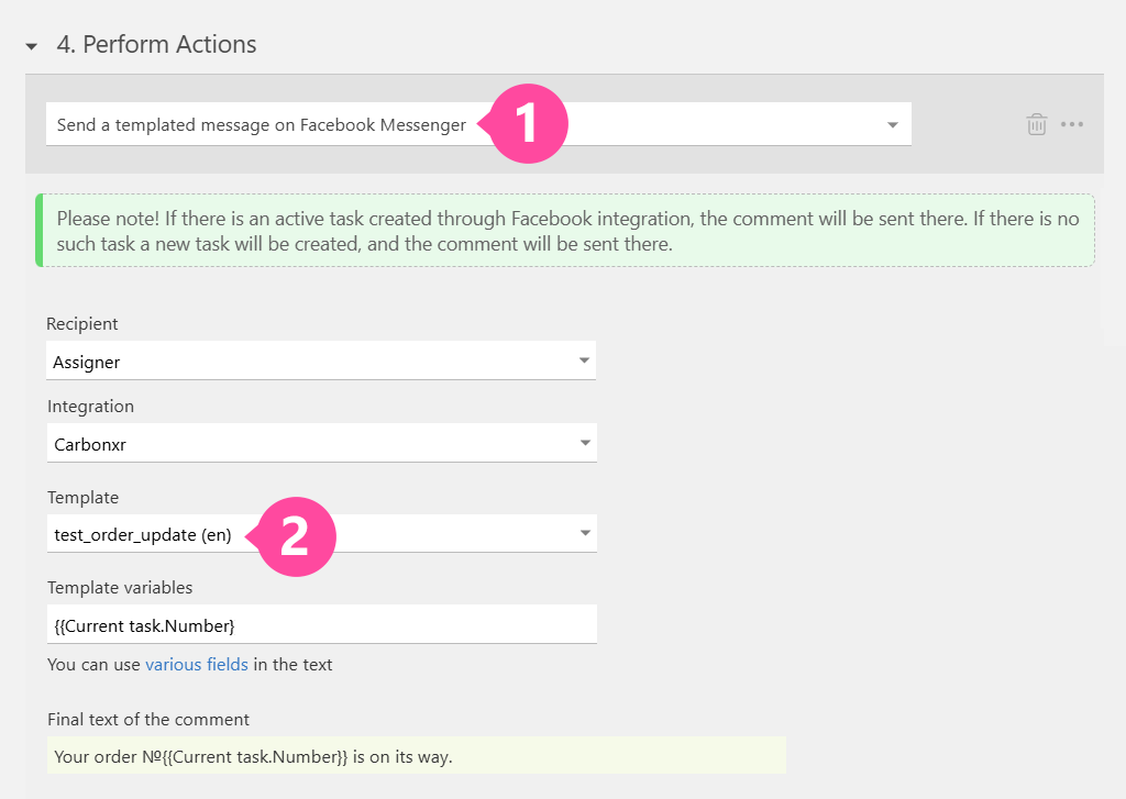 Automated Facebook Messaging in Planfix