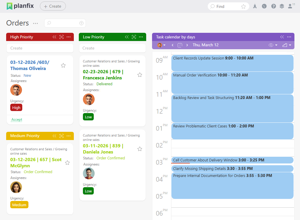 Order planner in Planfix