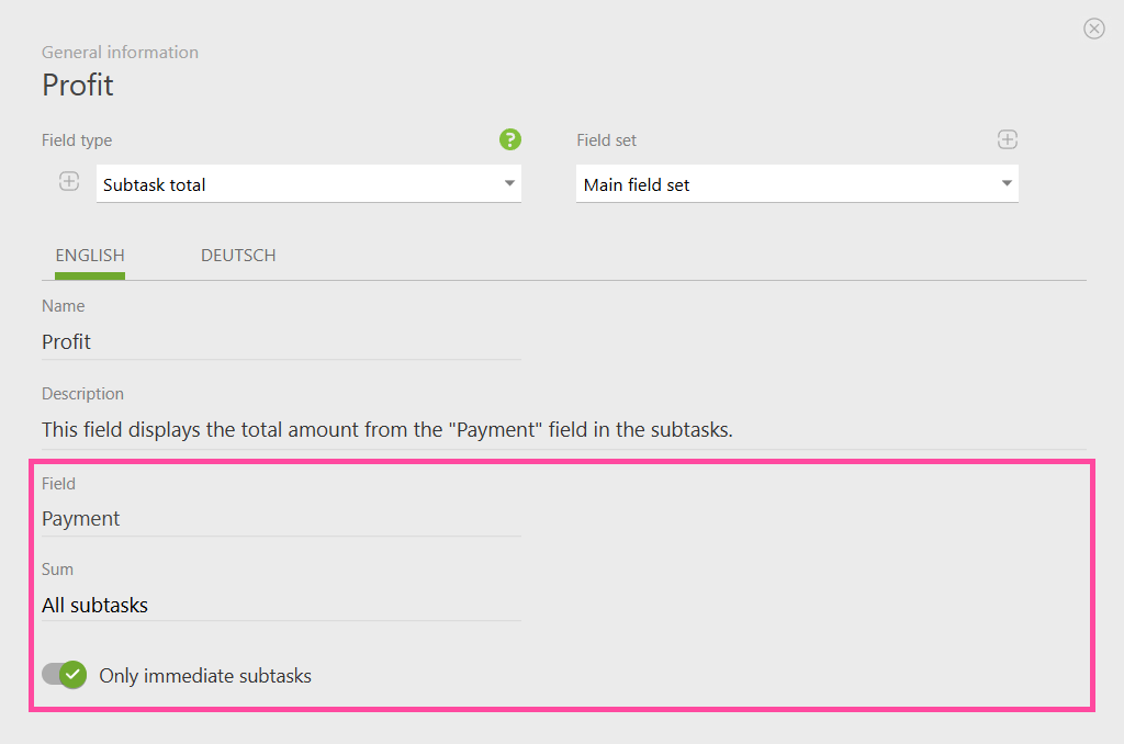 Example of Sum of Subtasks to Calculate Profit | Planfix Sum of Subtasks to Calculate Profit