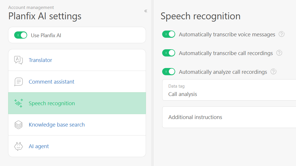 Setting Up Automatic Speech Recognition and Call Analysis | Planfix Setting Up Automatic Speech Recognition and Call Analysis