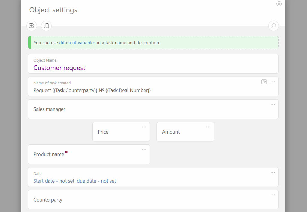 Drag and drop fields in task creation form in Planfix