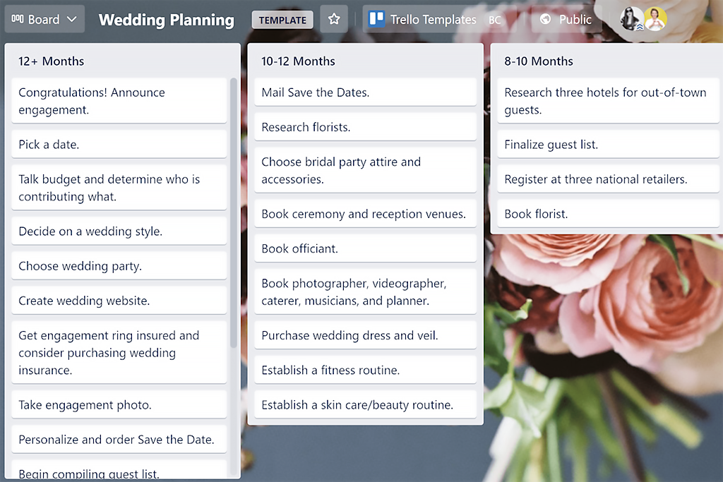 Wedding Planning Board in Trello