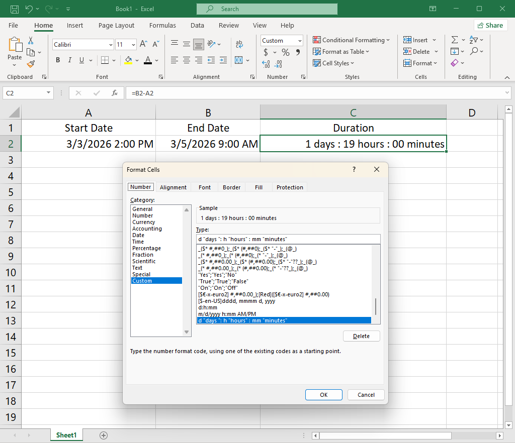 Excel Duration Formatting in Days, Hours, and Minutes
