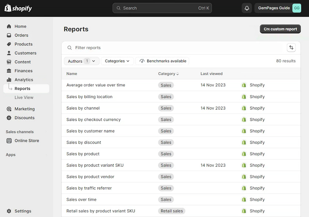 Sales reports in Shopify