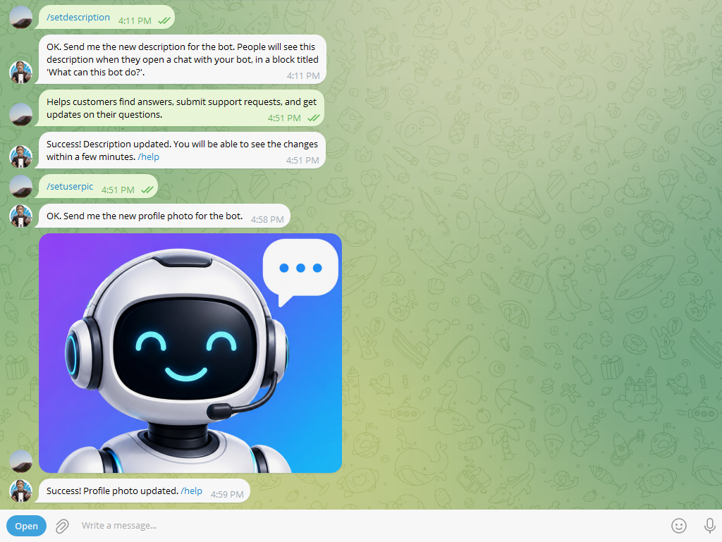 Telegram BotFather Commands for Configuring a Telegram Bot