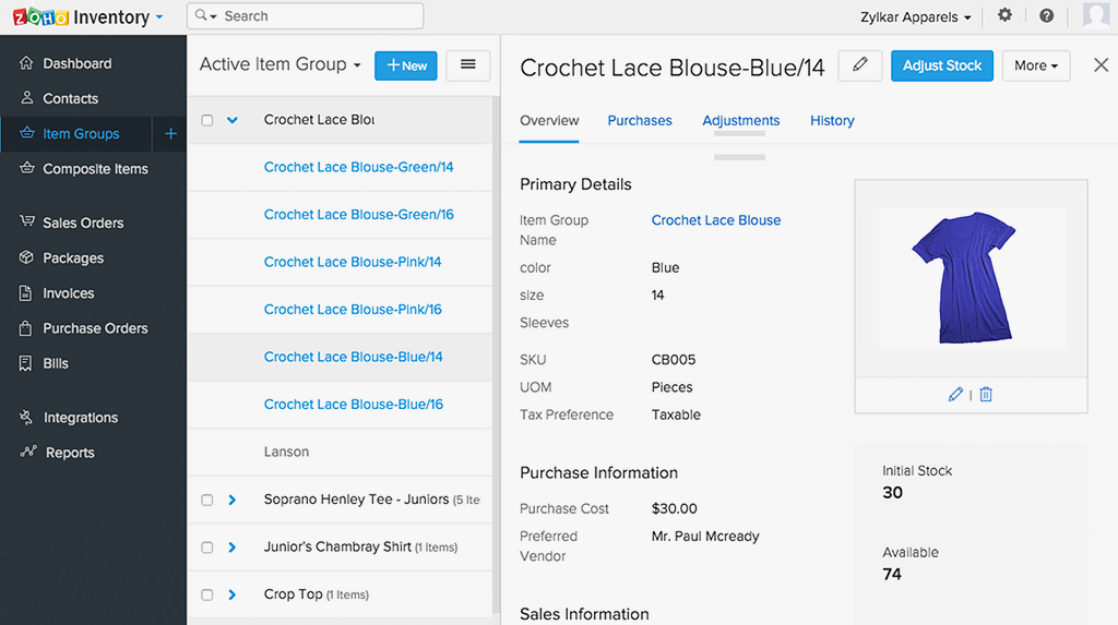 Product variants and stock tracking in Zoho Inventory