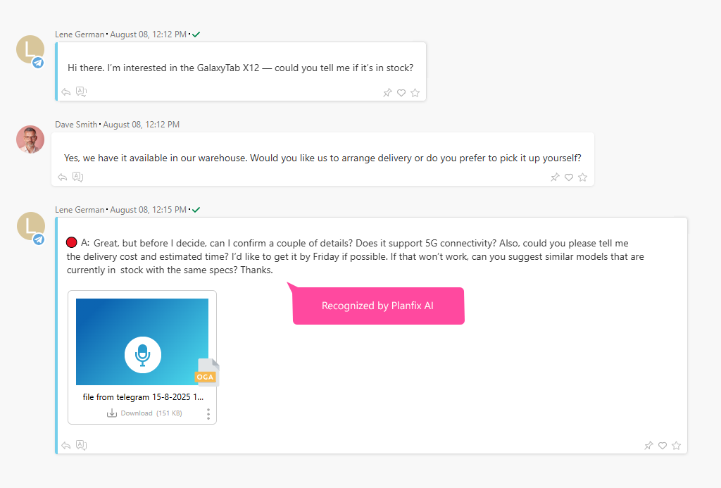 Voice Message Recognized by Planfix AI | Planfix Voice Message Recognized by Planfix AI