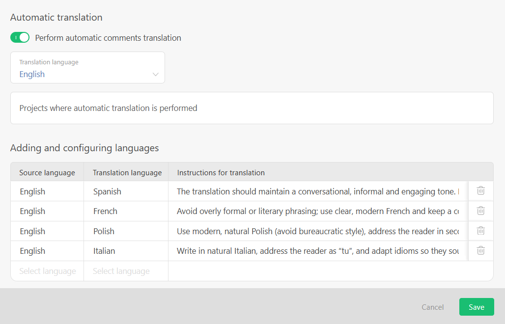 Custom glossaries in Planfix