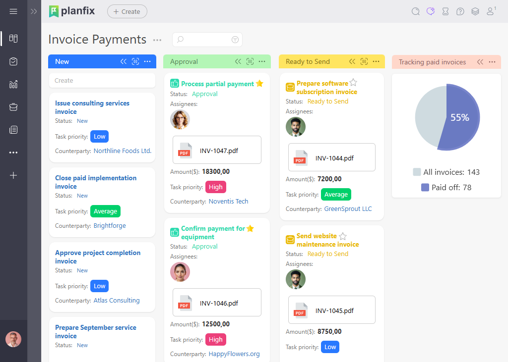 Alt: Invoice Payment Workflow Management Title: Invoice Payment Workflow Management | Planfix Invoice Payment Workflow Management in Planfix