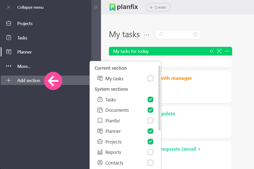 Main Menu in Planfix 