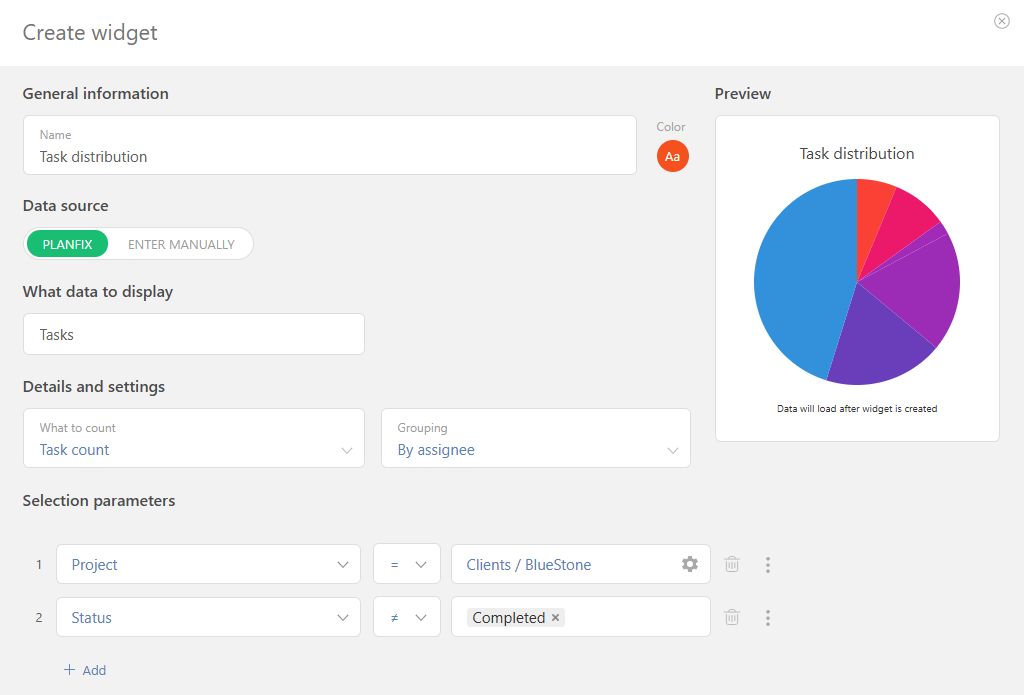 Pie chart creation form | Planfix Pie chart creation form in Planfix