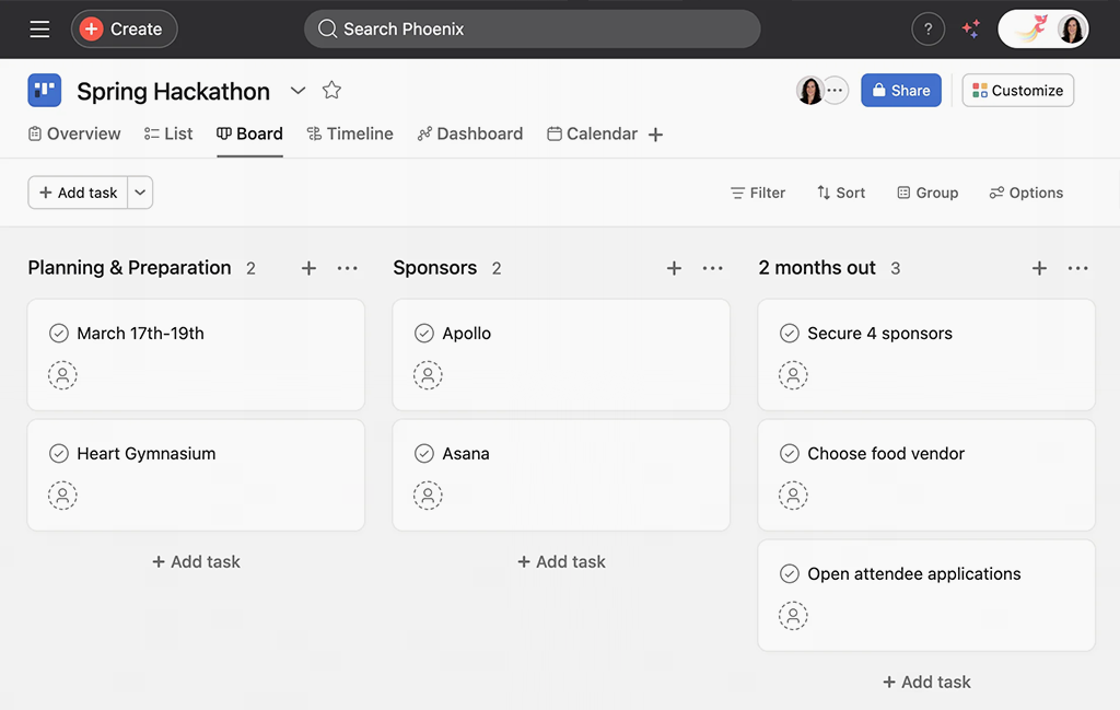 Spring Hackathon Board in Asana