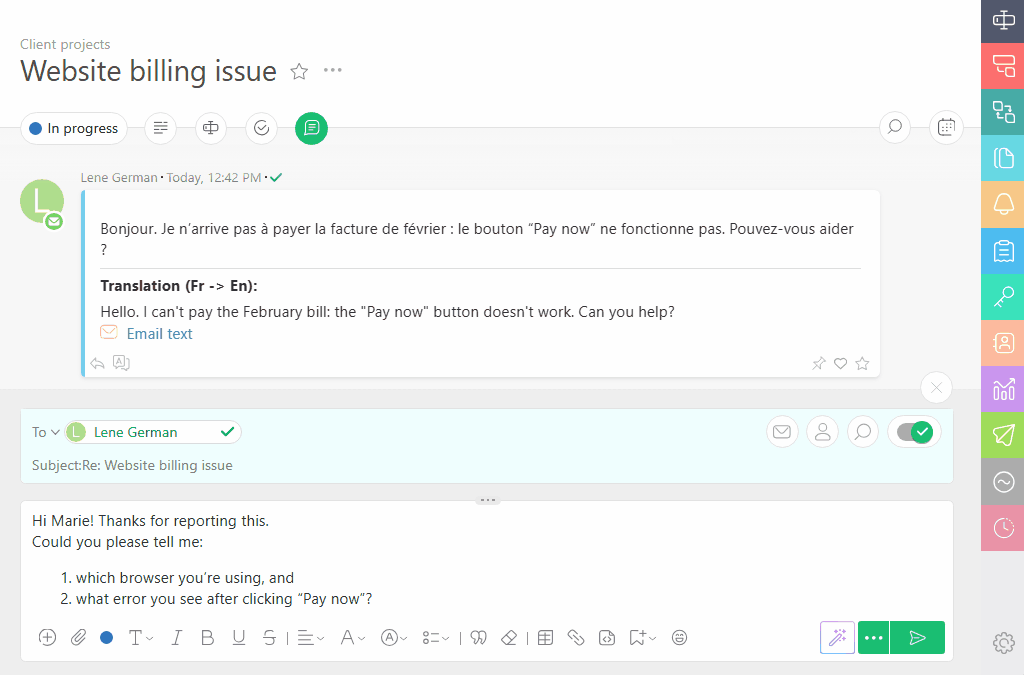 One-click comment translation with AI Translator in Planfix
