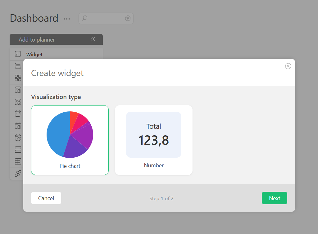 Choosing between widget type | Planfix Choosing widget type in Planfix
