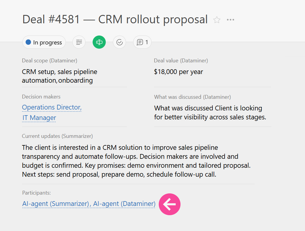 AI Bots fill deal fields and summary in Planfix 