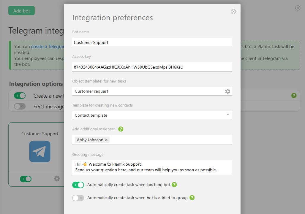 Telegram Integration Preferences in Planfix