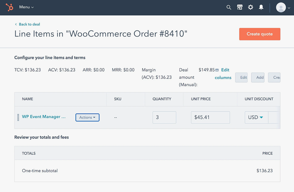 Order line items in HubSpot